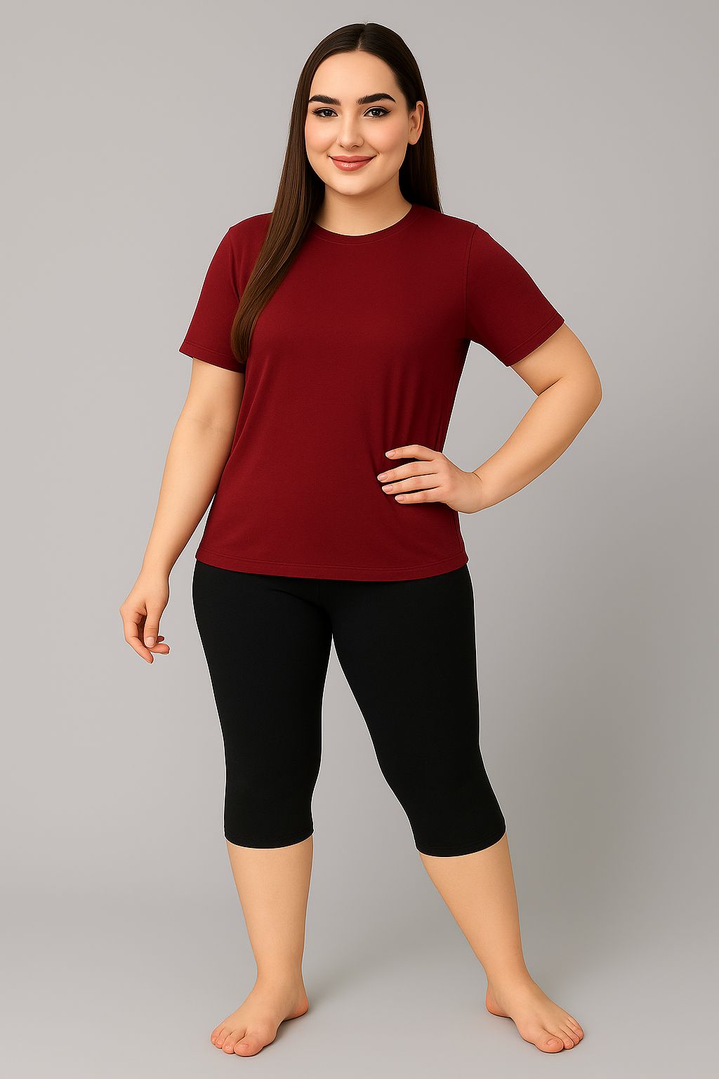 Women's Printed Swim T-Shirt & Capri Set - Maroon Black