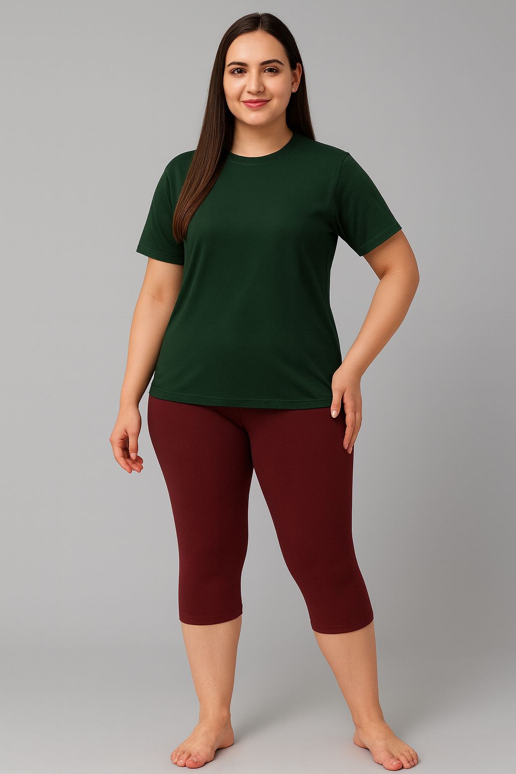 Women's Printed Swim T-Shirt & Capri Set - Olive Maroon