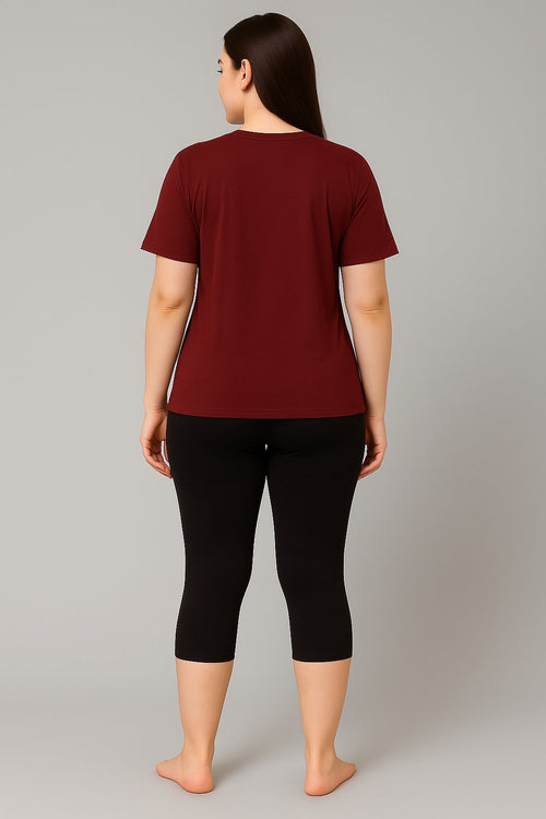 Women's Printed Swim T-Shirt & Capri Set - Maroon Black