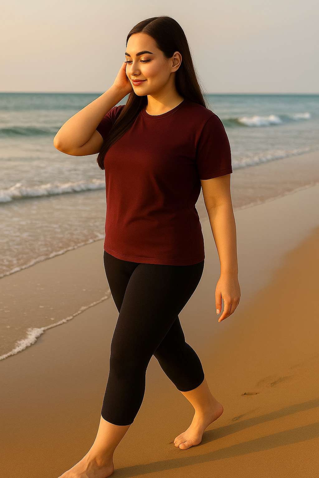 Women's Printed Swim T-Shirt & Capri Set - Maroon Black