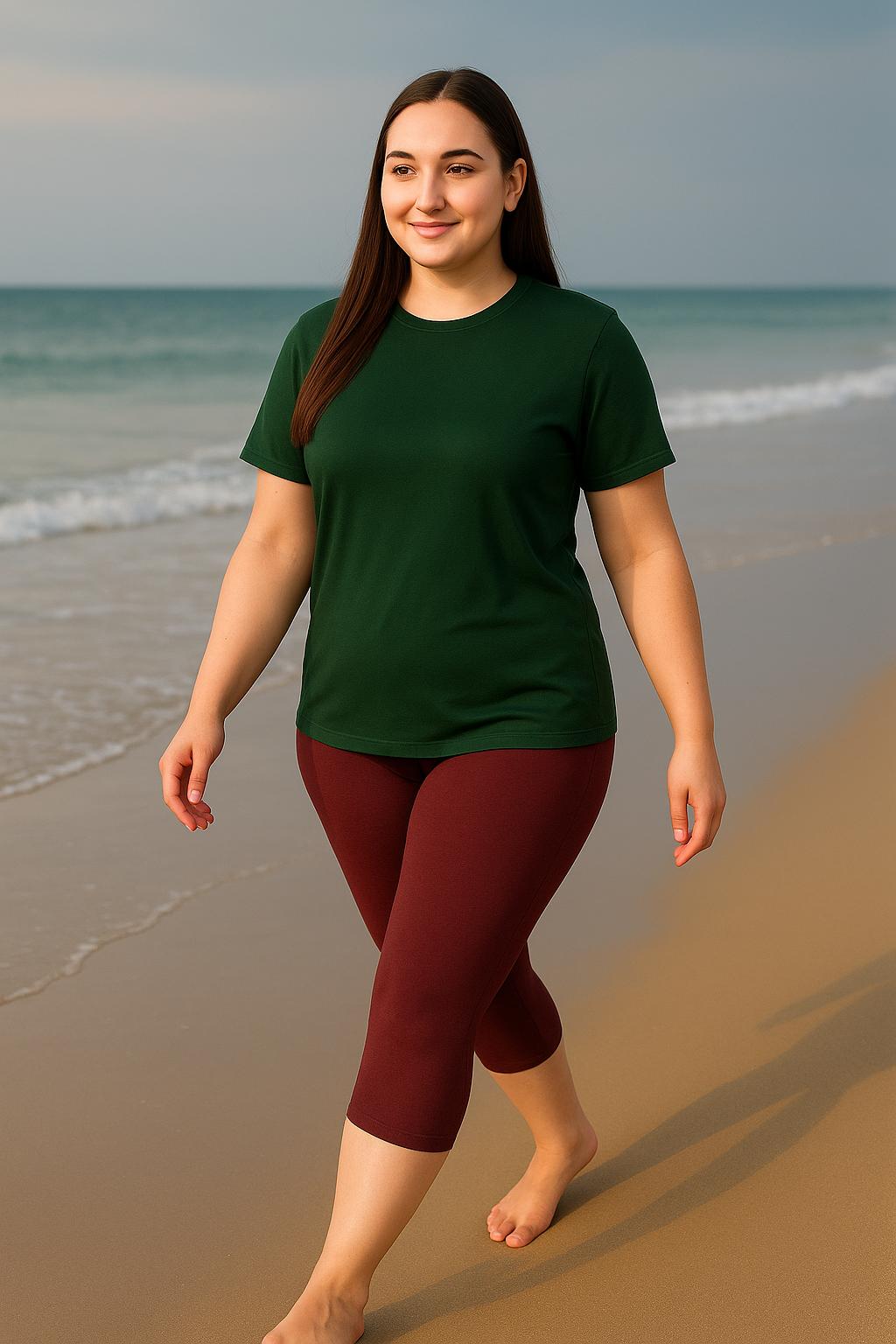 Women's Printed Swim T-Shirt & Capri Set - Olive Maroon