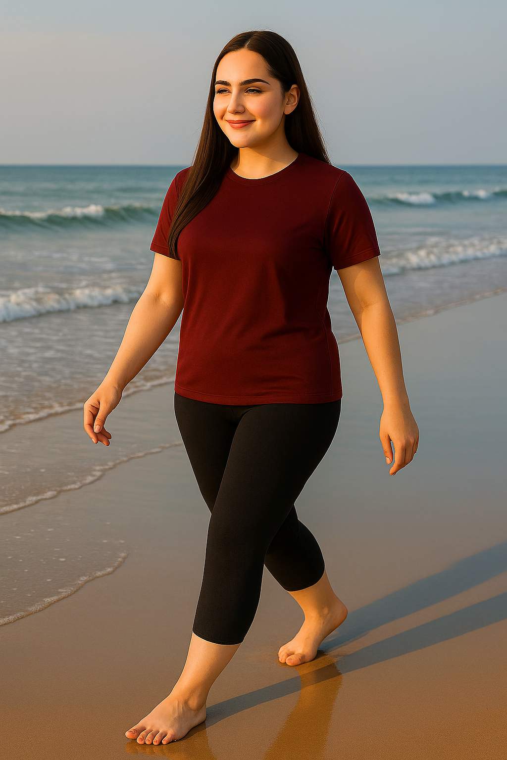 Women's Printed Swim T-Shirt & Capri Set - Maroon Black
