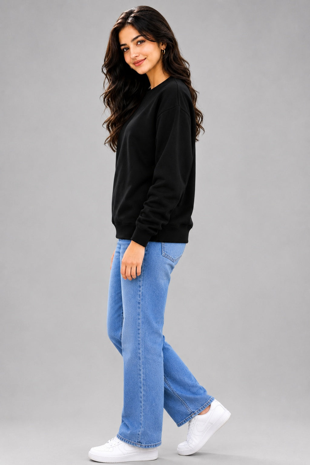 Women's black sweatshirt side view