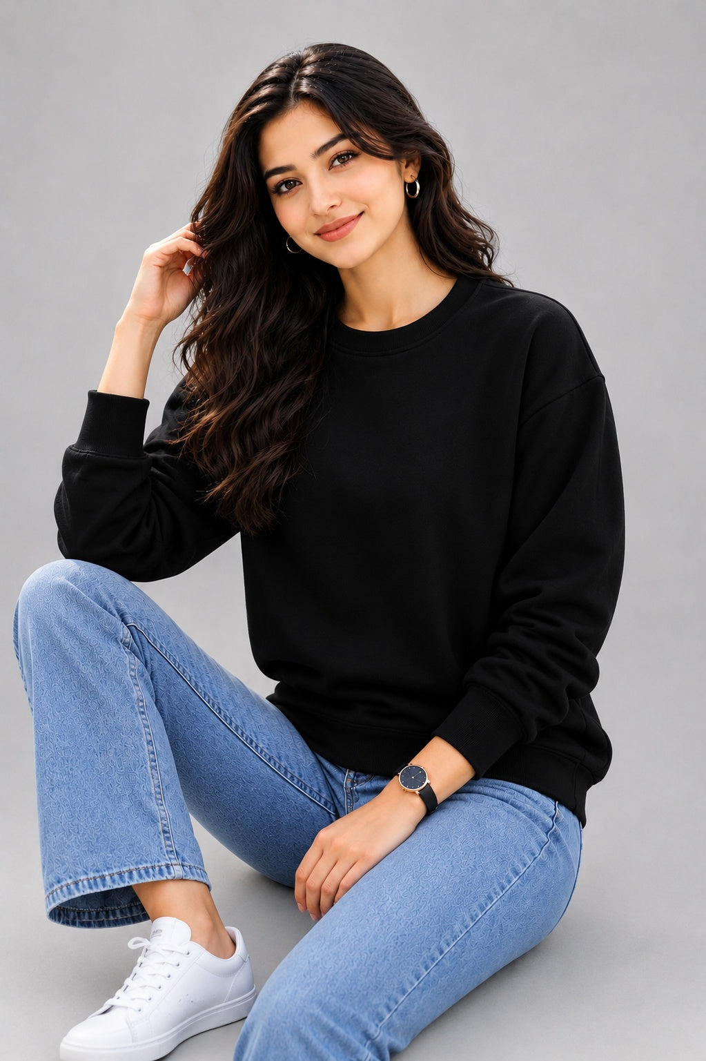 Women's black sweatshirt lifestyle view