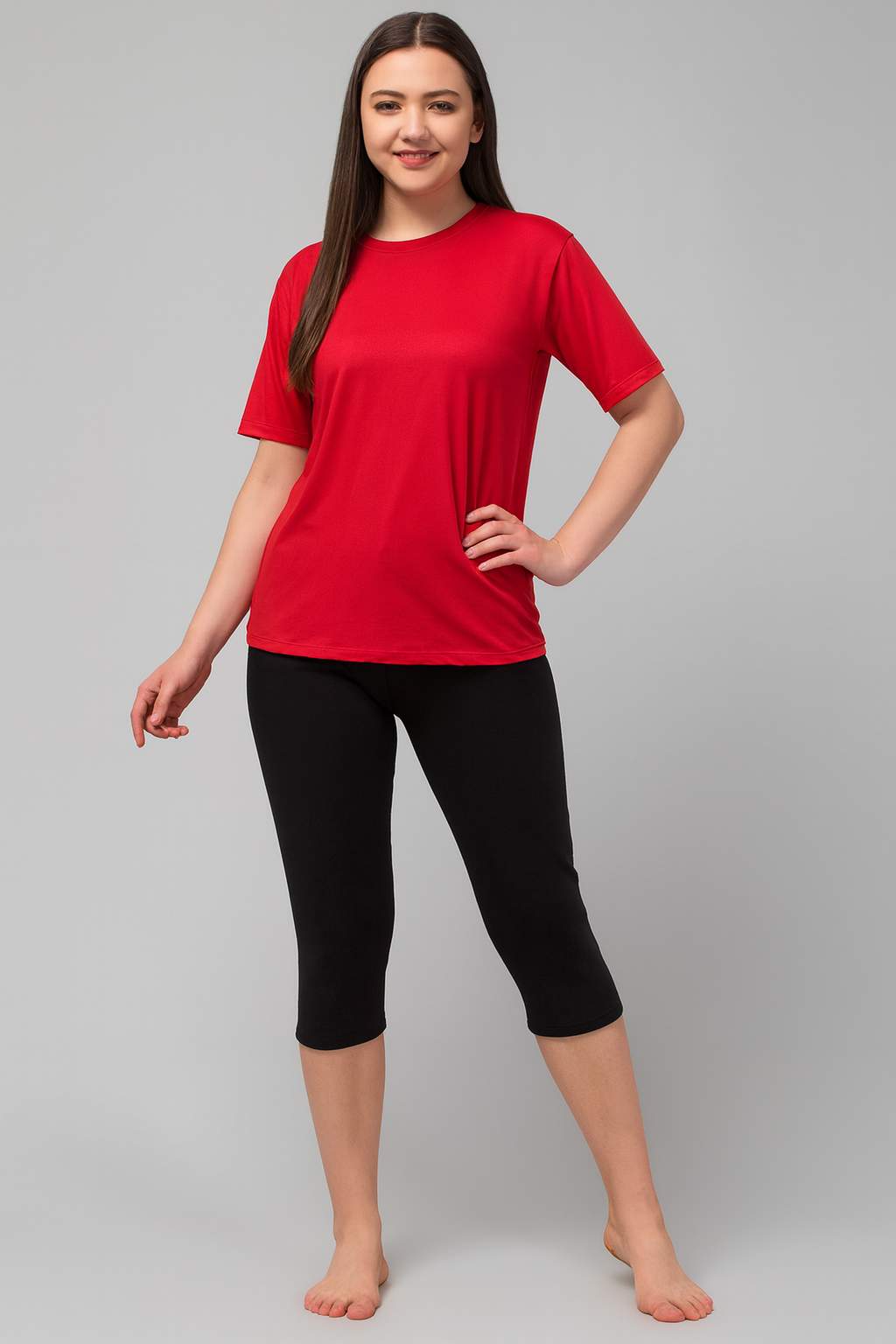 Women's Printed Swim T-Shirt & Capri Set - Red Black