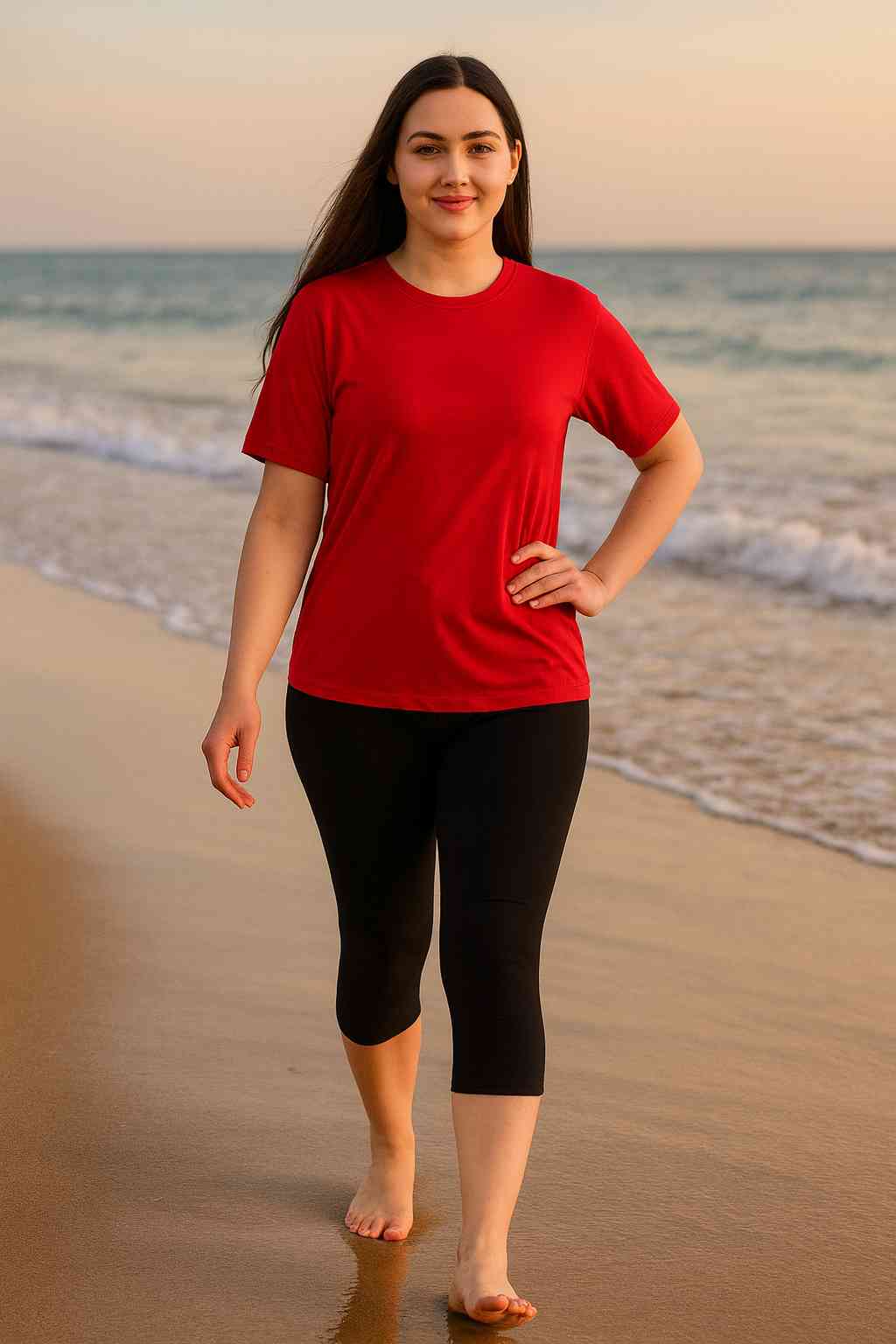 Women's Printed Swim T-Shirt & Capri Set - Red Black